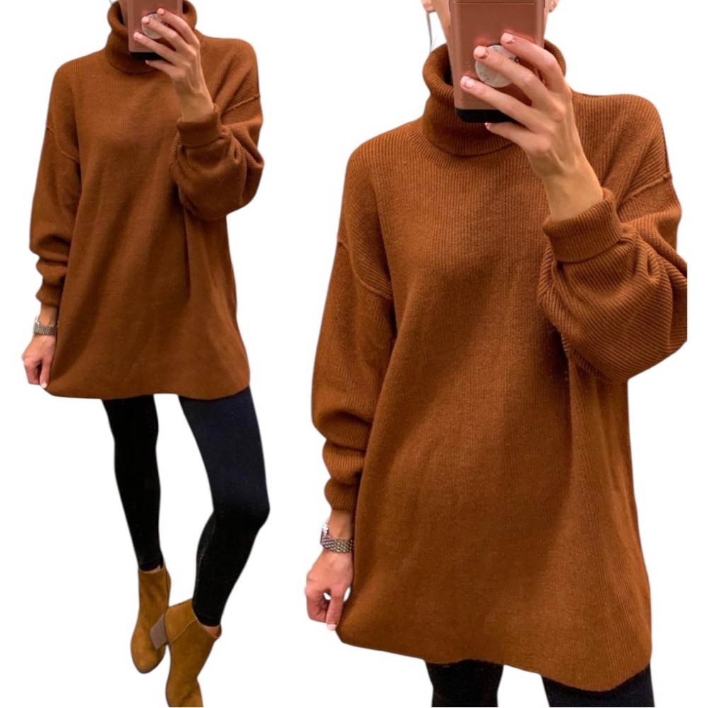 Free People Women’s Turtleneck Sweater Brown Rust Knit Pullover Oversized XS